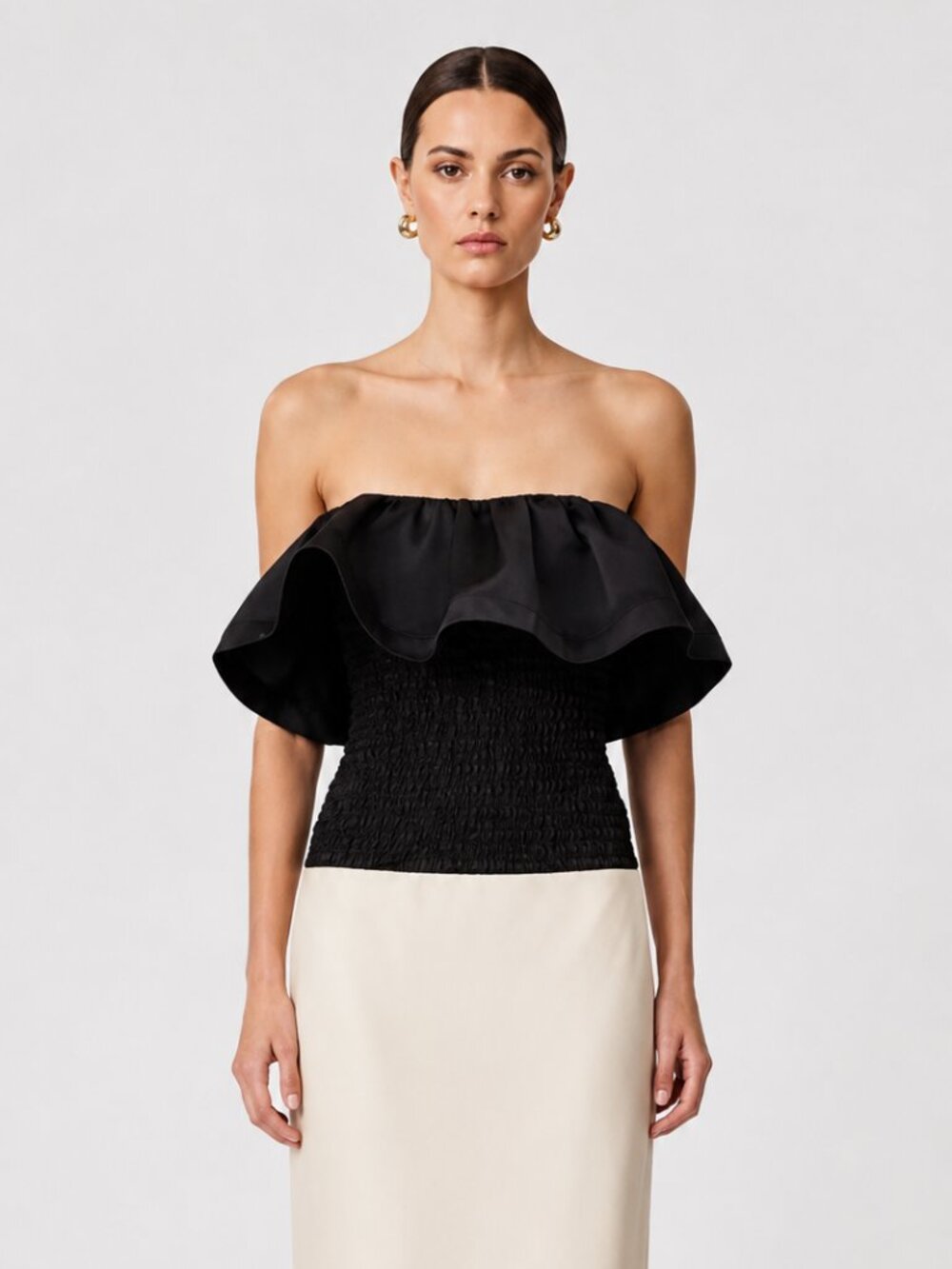 Elliatt Dandelione Strapless Ruffle Stretch Top Black Satin Party Small NWT